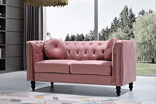 Container Furniture Direct Kittleson Velvet Chesterfield Loveseat for Living Room, Apartment or Office, Mid Century Modern Diamond Tufted Couch With Nailhead Accent, 64.17", Salmon