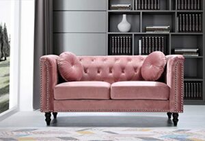 container furniture direct kittleson velvet chesterfield loveseat for living room, apartment or office, mid century modern diamond tufted couch with nailhead accent, 64.17", salmon