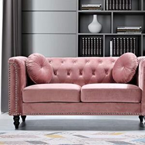 Container Furniture Direct Kittleson Velvet Chesterfield Loveseat for Living Room, Apartment or Office, Mid Century Modern Diamond Tufted Couch With Nailhead Accent, 64.17", Salmon