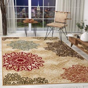 antep rugs alfombras modern floral 5x7 non-skid (non-slip) low profile pile rubber backing indoor area rugs (beige, 5' x 7')