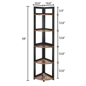 usikey Corner Shelf Stand, 5-Tier Corner Shelf, Tall Corner Bookshelf, Rustic Corner Storage Rack Plant Stand for Small Spaces, Bookcase for Living Room, Office, Kitchen, Easy Assembly, Rustic Brown