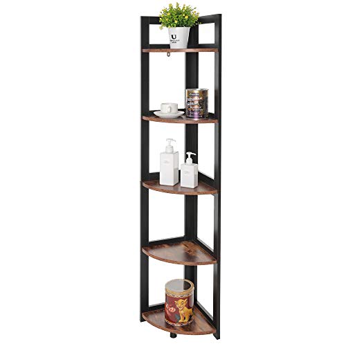 usikey Corner Shelf Stand, 5-Tier Corner Shelf, Tall Corner Bookshelf, Rustic Corner Storage Rack Plant Stand for Small Spaces, Bookcase for Living Room, Office, Kitchen, Easy Assembly, Rustic Brown