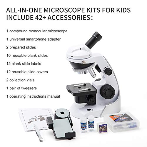 SWIFT Microscope for Kids Children Student 60X-200X,Compound Monocular Microscope with 42 PCS Accessories Including Smartphone Adapter, 10 PCS Blank Slides for Beginners