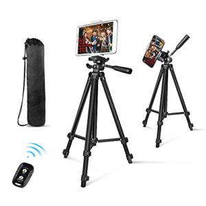 aureday phone tripod, 50” extendable adjustable smartphone & tablet tripod stand with phone holder mount & remote, compatible with tablet/cell phone/camera