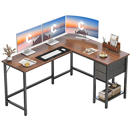 Cubiker L-Shaped Computer Desk 60" with 2 Drawers and Shelves for Storage, Larger Gaming Corner Desk Workstation, Home Office Sturdy Writing Table, Space-Saving, Easy to Assemble, Walnut