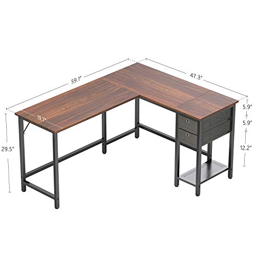 Cubiker L-Shaped Computer Desk 60" with 2 Drawers and Shelves for Storage, Larger Gaming Corner Desk Workstation, Home Office Sturdy Writing Table, Space-Saving, Easy to Assemble, Walnut