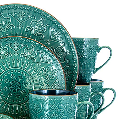 Elama Round Stoneware Embossed Dinnerware Dish Set, 16 Piece, Ocean Teal and Green