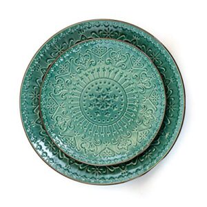 Elama Round Stoneware Embossed Dinnerware Dish Set, 16 Piece, Ocean Teal and Green