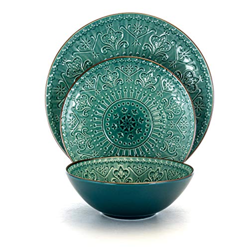 Elama Round Stoneware Embossed Dinnerware Dish Set, 16 Piece, Ocean Teal and Green