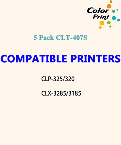 5-Pack ColorPrint Compatible CLP325 Toner Cartridge 407S Replacement for Samsung CLT407S CLT-407S CLP-325 fit for CLP-320 CLP-320N CLP-321N CLP-325W CLX 3180 CLX-3185N 3185FW Printer (2BK, 1C, 1M, 1Y)
