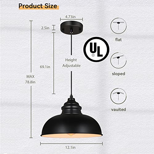 KARMIQI 12 inch Pendant Lights Black Pendant Light Fixtures Industrial Vintage Hanging Lamp, Adjustable Barn Pendant Lights Kitchen Island Stair Hallway Dining Room