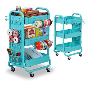 designa 3-tier utility storage rolling cart with removable pegboard & extra storage baskets hooks, metal craft art carts for gift home office, teal