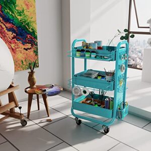 DESIGNA 3-Tier Utility Storage Rolling Cart with Removable Pegboard & Extra Storage Baskets Hooks, Metal Craft Art Carts for Gift Home Office, Teal