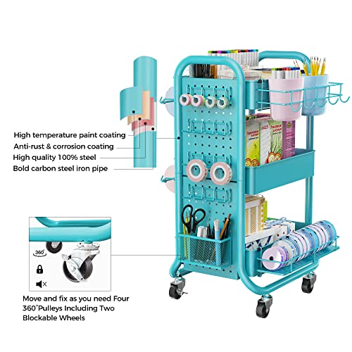 DESIGNA 3-Tier Utility Storage Rolling Cart with Removable Pegboard & Extra Storage Baskets Hooks, Metal Craft Art Carts for Gift Home Office, Teal