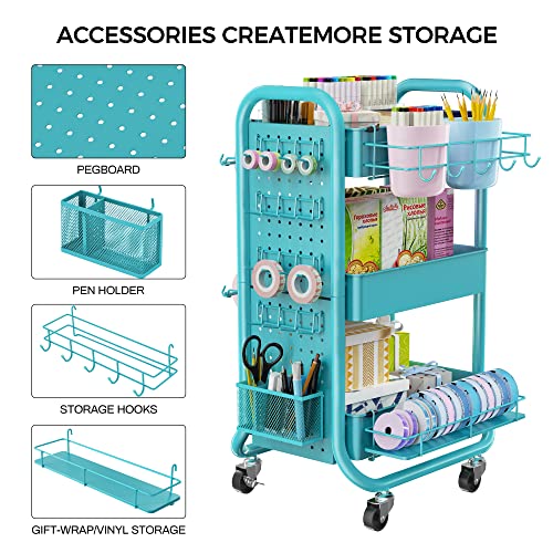 DESIGNA 3-Tier Utility Storage Rolling Cart with Removable Pegboard & Extra Storage Baskets Hooks, Metal Craft Art Carts for Gift Home Office, Teal