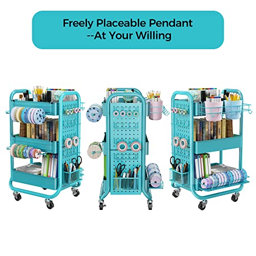 DESIGNA 3-Tier Utility Storage Rolling Cart with Removable Pegboard & Extra Storage Baskets Hooks, Metal Craft Art Carts for Gift Home Office, Teal