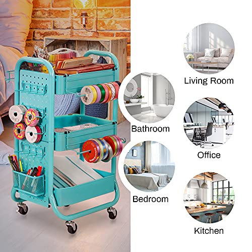 DESIGNA 3-Tier Utility Storage Rolling Cart with Removable Pegboard & Extra Storage Baskets Hooks, Metal Craft Art Carts for Gift Home Office, Teal