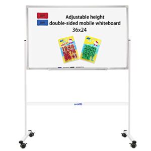 mobile whiteboard 36"x24" magnetic dry erase board with stand - adjustable height double side rolling white boards on wheels for home, office & school