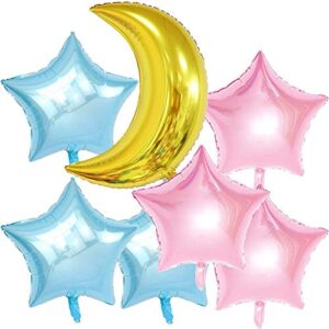 Wcaro Twinkle Twinkle Little Star Gender Reveal Party Decorations 36Inch Gold Moon Foil Balloons 18Inch Pink and Blue Star Foil Balloons for Boy or Girl Baby Shower He or She Gender Reveal Party