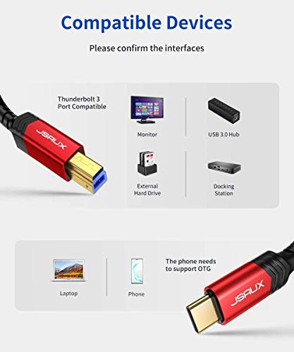 USB 3.0 Cable B Male to USB-C, JSAUX 10ft USB 3 Type B Cord Nylon Briaded Compatible with Docking Station, External Hard Drivers, Scanner and More