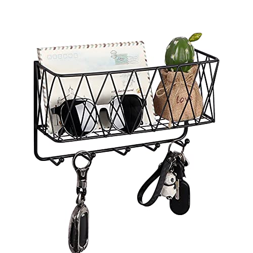 OROPY Mail Holder with Key Hooks, 11in L×3.1in W×6.1in H, Wall Mounted Matte Black Metal Wire Mesh Storage Basket with 5 Hooks, Easy to Organize Letters, Magazines, Keys, Leashes for Entryway