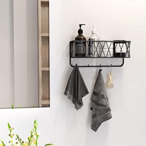 OROPY Mail Holder with Key Hooks, 11in L×3.1in W×6.1in H, Wall Mounted Matte Black Metal Wire Mesh Storage Basket with 5 Hooks, Easy to Organize Letters, Magazines, Keys, Leashes for Entryway