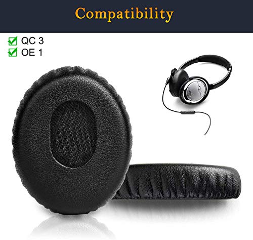 SOULWIT Professional Replacement Earpads Cushions for Bose QuietComfort 3 (QC3) and OE1 On-Ear Headphones, Ear Pads with Softer Leather, Noise Isolation Foam, Added Thickness (Black)