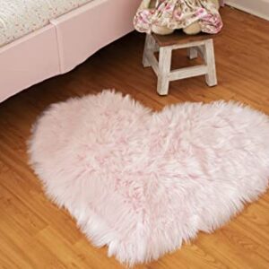 Silky Soft Faux Fur Rug, 2.5 ft. x 3 ft. Pink Heart Fluffy Rug, Sheepskin Area Rug, Shaggy Rug for Living Room, Bedroom, Kid's Room, or Nursery, Home Décor Accent, Machine Washable, Non-Slip Backing