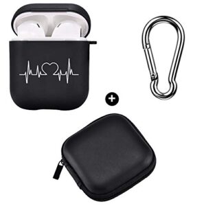 joyland black case cover for airpod 1&2 w/keychain ring+storage bag, love heartbeat line case wireless earphone case smooth anti-dust silicone protective soft skin cute case for airpods 1 & 2