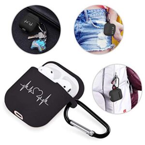 JOYLAND Black Case Cover for AirPod 1&2 w/Keychain Ring+Storage Bag, Love Heartbeat Line Case Wireless Earphone Case Smooth Anti-dust Silicone Protective Soft Skin Cute Case for AirPods 1 & 2