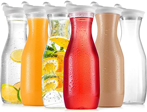 DilaBee Plastic Water Pitcher With Lid (6-Pack, 32 Oz) Round Carafe Pitchers for drinks, Milk, Smoothie, Iced Tea, Mimosa Bar Supplies - Juice Containers with Lids for Fridge - Food Grade BPA-Free