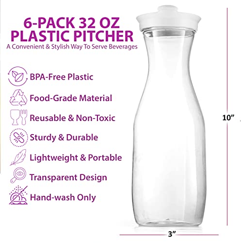 DilaBee Plastic Water Pitcher With Lid (6-Pack, 32 Oz) Round Carafe Pitchers for drinks, Milk, Smoothie, Iced Tea, Mimosa Bar Supplies - Juice Containers with Lids for Fridge - Food Grade BPA-Free
