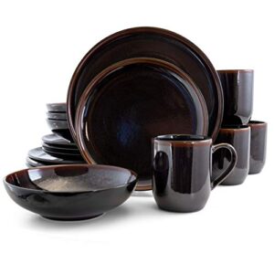 elama round stoneware dark contemporary dinnerware dish set, 16 piece, metallic black with brown accents