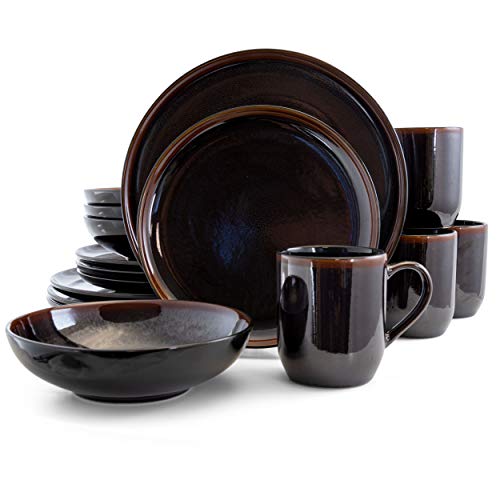 Elama Round Stoneware Dark Contemporary Dinnerware Dish Set, 16 Piece, Metallic Black with Brown Accents