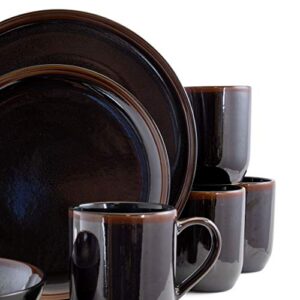 Elama Round Stoneware Dark Contemporary Dinnerware Dish Set, 16 Piece, Metallic Black with Brown Accents