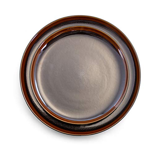 Elama Round Stoneware Dark Contemporary Dinnerware Dish Set, 16 Piece, Metallic Black with Brown Accents