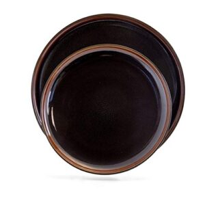 Elama Round Stoneware Dark Contemporary Dinnerware Dish Set, 16 Piece, Metallic Black with Brown Accents