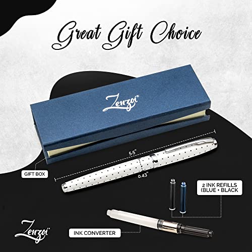 ZenZoi White Fountain Pen | Effortlessly Elegant Writing: Premium Metal Fountain Pen Set with German Schmidt Fine Nib, Ink Converter, and Gift Box Case