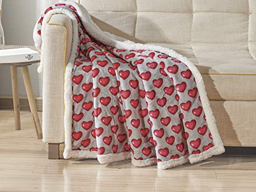 Décor&More Amor Eterno Be Mine Love Collection Valentine's Day Heart Ultra Plush Throw Blanket (50" x 60") with Sherpa Backing - Red Hearts