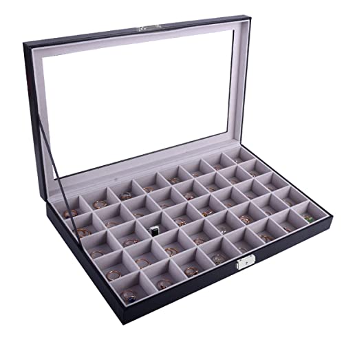 AUTOARK Leather 40 Compartments Jewelry Box Showcase Display Organizer,Large Glass Top,Black,AJ-140