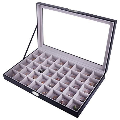 AUTOARK Leather 40 Compartments Jewelry Box Showcase Display Organizer,Large Glass Top,Black,AJ-140