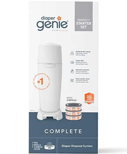 Diaper Genie Complete Diaper Pail (White) with Antimicrobial Odor Control | Includes 1 Diaper Trash Can, 3 Refill Bags, 1 Carbon Filter