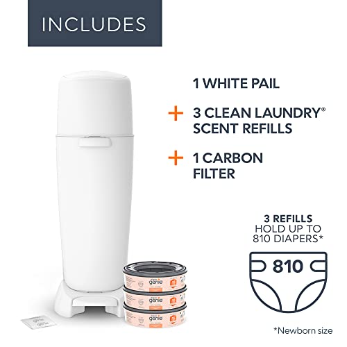 Diaper Genie Complete Diaper Pail (White) with Antimicrobial Odor Control | Includes 1 Diaper Trash Can, 3 Refill Bags, 1 Carbon Filter