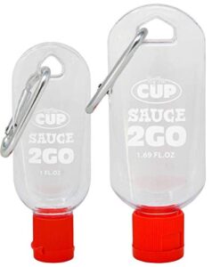 by the cup sauce 2 go keychains 1.69 fluid ounce and 1 fluid ounce empty mini sauce bottles (sauce not included)