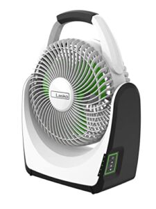 lasko portable fan, 18v lithium ion battery, bonus adapter for electric plug-in use, lasts up to 15 hours, 5 quiet speeds, for camping, tailgating, patio and outdoor use, 17", white, rb200