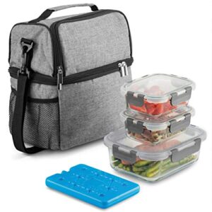 finedine lunch bag with glass containers - insulated lunch box for women and men - leakproof locking lids & ice pack - 2-compartment cooler tote for work (grey)