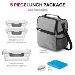 FINEDINE Lunch Bag with Glass Containers - Insulated Lunch Box for Women and Men - Leakproof Locking Lids & Ice Pack - 2-Compartment Cooler Tote for Work (Grey)