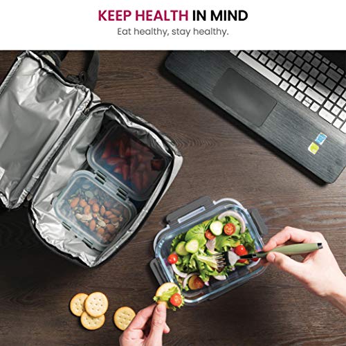 FINEDINE Lunch Bag with Glass Containers - Insulated Lunch Box for Women and Men - Leakproof Locking Lids & Ice Pack - 2-Compartment Cooler Tote for Work (Grey)