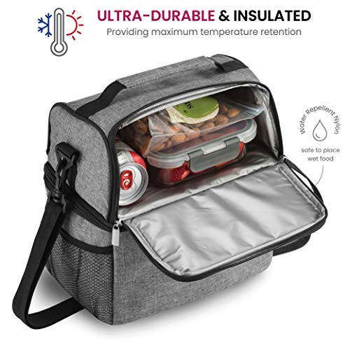 FINEDINE Lunch Bag with Glass Containers - Insulated Lunch Box for Women and Men - Leakproof Locking Lids & Ice Pack - 2-Compartment Cooler Tote for Work (Grey)