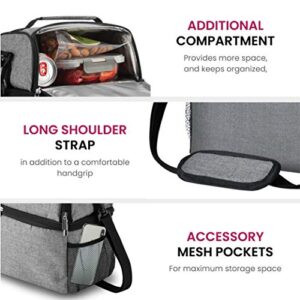FINEDINE Lunch Bag with Glass Containers - Insulated Lunch Box for Women and Men - Leakproof Locking Lids & Ice Pack - 2-Compartment Cooler Tote for Work (Grey)